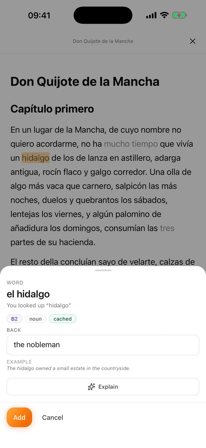 The Lemnly reader open on Don Quijote de la Mancha, with a lookup card for the tapped word “hidalgo” showing the translation “the nobleman”, a B2 tag, a part-of-speech tag, an example sentence and an Add button.