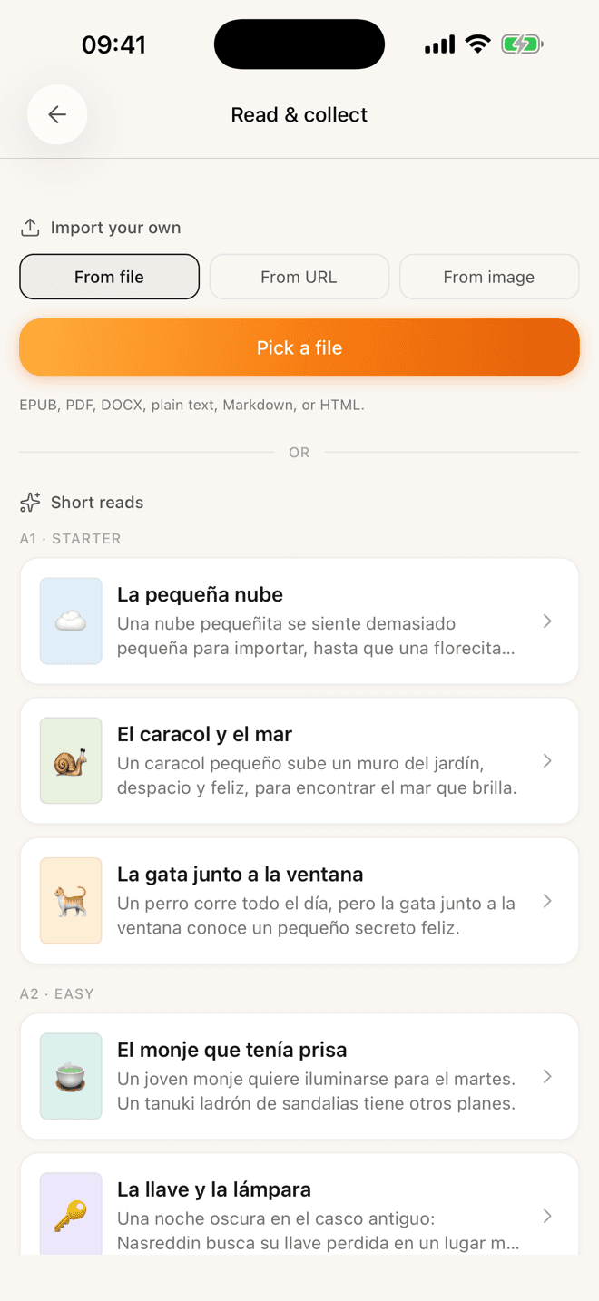 The Read & collect screen: import your own text from file, URL or image, above a list of graded short reads grouped by CEFR level from A1 starter to A2 easy.