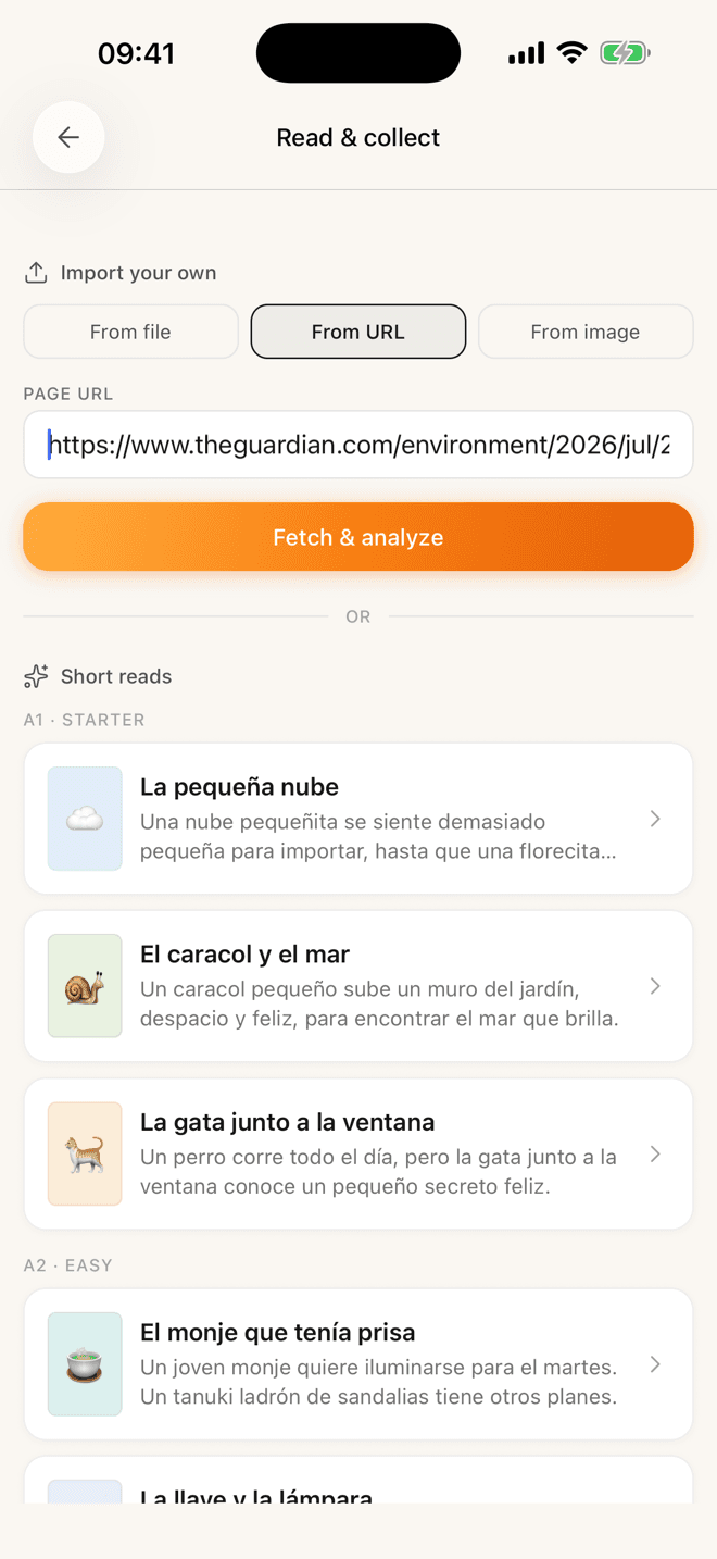 The Read & collect screen with the From URL tab selected, a news article link pasted into the page URL field and a Fetch & analyze button.