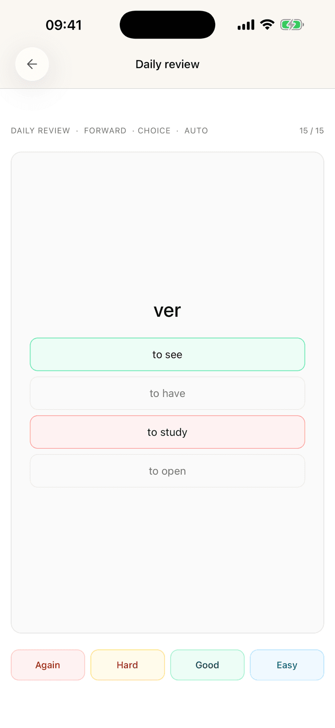 A daily review card in multiple-choice mode: the Spanish word “ver” with four possible translations, the correct one highlighted, and Again / Hard / Good / Easy grading buttons.