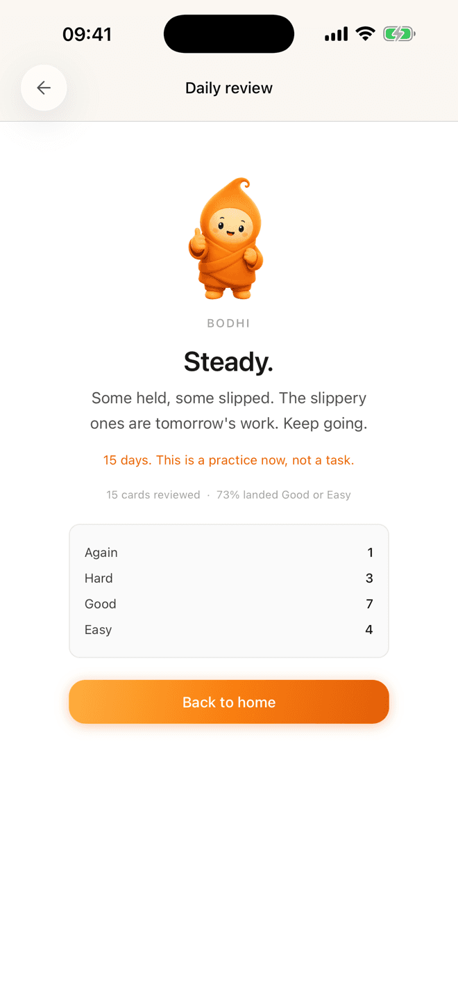 The end-of-session screen: Bodhi the mascot above the heading “Steady.”, an encouraging note that the slippery words are tomorrow’s work, and a breakdown of how the 15 cards were graded.